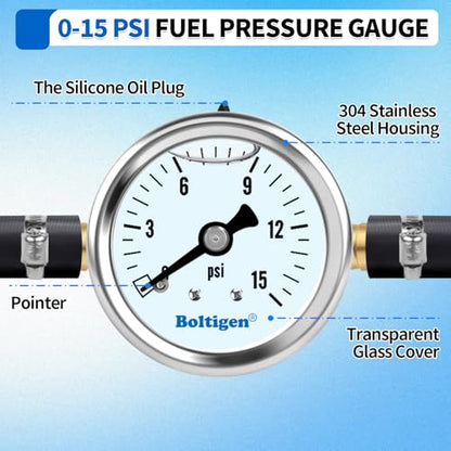 Boltigen Fuel Pressure Gauge, 1/8'' NPT Inline Fuel Pressure Guage Kit with 3/8'' Barb, Stainless Steel, 0-15Psi Glycerin Filled, Center Back Mount (White) - color: White