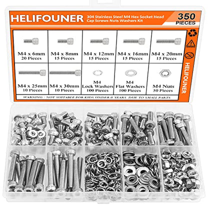 HELIFOUNER 350 Pieces M4 x 6mm /8mm /12mm /16mm /20mm /25mm /30mm, Hex Socket Head Cap Screws Bolts Washers Nuts Kit, 304 Stainless Steel - size: M4, style: Socket Head Screws