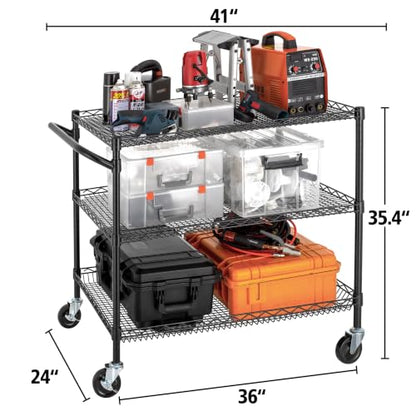 Finnhomy 3 Tier Heavy Duty Commercial Grade Utility Cart, Wire Rolling Cart with Handle Bar, Steel Service Cart with Wheels, Kitchen Carts on Wheels, Metal Cart Shelf Size 24" D x 36" W, NSF, Black - size: 36"L x 24"W x 35.4"H-3 Tier, style: Black Cart