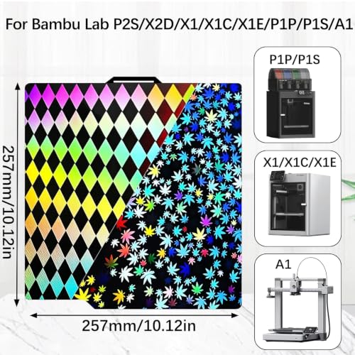 Upgraded P2S Build Plate for Bambu Lab X2D/P2S/X1/X1C/X1E/P1P/P1S/A1, 257X257mm Double Sided Textured Grid & Maple Leaf Spring Steel Sheet Flexible Plate Heated Bed Platform - color: Grid+Maple Leaf