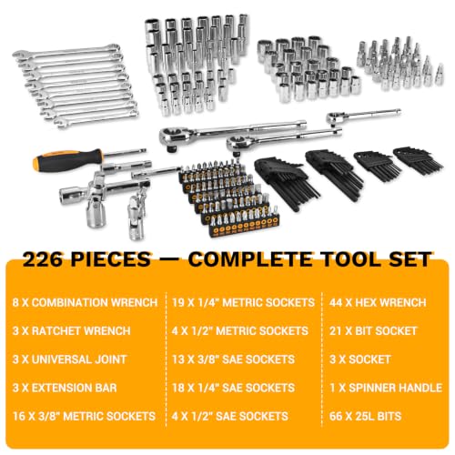 DEKOPRO Mechanic Tool Set & Socket Wrench Set, 226 Pcs Car Tool Kit with Storage Tool Box, 1/4" 3/8" 1/2" Drive, SAE/Metric, w/Ratchet Wrench, Ext. Bars, Hex Keys, for Auto/Moto Repair