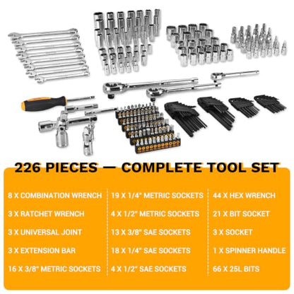 DEKOPRO Mechanic Tool Set & Socket Wrench Set, 226 Pcs Car Tool Kit with Storage Tool Box, 1/4" 3/8" 1/2" Drive, SAE/Metric, w/Ratchet Wrench, Ext. Bars, Hex Keys, for Auto/Moto Repair