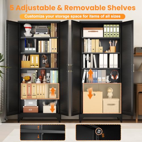 75" Metal Pantry Cabinet,Kitchen Storage Cabinet with Shelves - color: Black, size: 75"H-Louvered