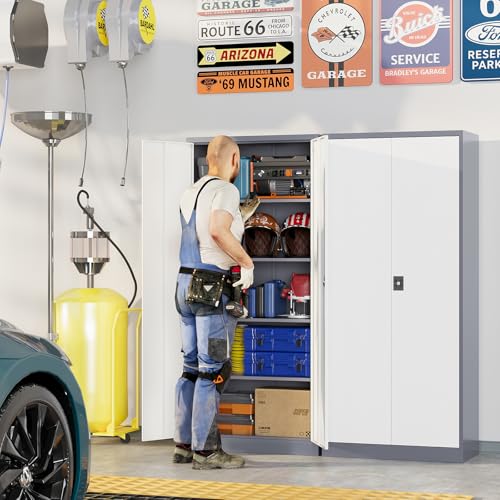 Metal Garage Storage Cabinets with Lock, 72" Tall Tool Cabinet with 2 Door and 4 Adjustable Shelves, Locking Garage Cabinets and Lockable Steel Locker for Home Office Warehouse-(Gray White-72”H) - color: Gray White, size: 72"H