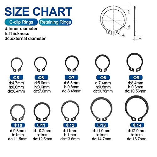 NINDEJIN Snap Ring Shop Assortment, 310PCS External Retaining Rings 5-14mm (0.20''-0.55'') Carbon Steel Snap Retaining C Clip Rings Kit for Grooved Shafts, Studs, and Other Moving Parts - size: 310PCS (5-14mm)