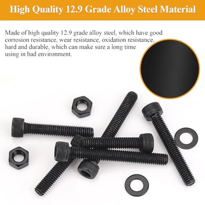 62-Piece M6 Hex Socket Head Cap Screws Nuts Washers Set - 30/35/40/45/50mm Long Black Assortment Kit - 12.9 Grade Alloy Steel, Fully Threaded - size: M6 Long Screws Kit, style: Socket Head