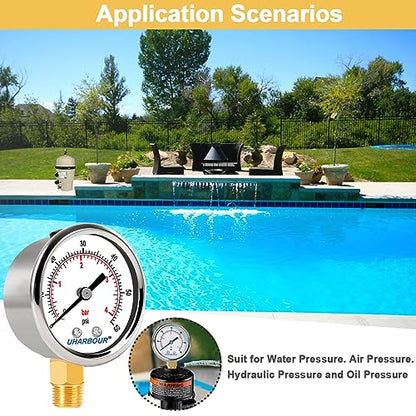 UHARBOUR Lead-Free Water Pressure Gauge 60 Psi, 2" Dial 1/4" NPT - size: 60PSI Lead Free