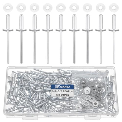 250pcs 1/8" x 3/8" Silver Aluminum Pop Rivets with Stainless Steel Washers 3.2 x 10mm Blind Rivet Assortment Kit - size: 1/8*3/8