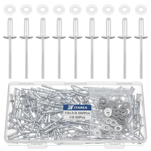 250pcs 1/8" x 3/8" Silver Aluminum Pop Rivets with Stainless Steel Washers 3.2 x 10mm Blind Rivet Assortment Kit - size: 1/8*3/8