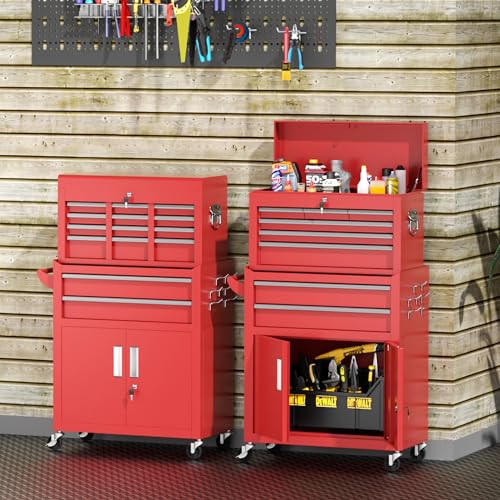 INTERGREAT 8 Rolling Drawers Tool Chest, Assembled Tool Chest with Wheels, Detachable Top Tool Box, Tool Cabinet for Repair Room,Warehouse, Rolling Tool Box with Hooks,Tray Divider,Red - color: Red, size: 8 Drawers