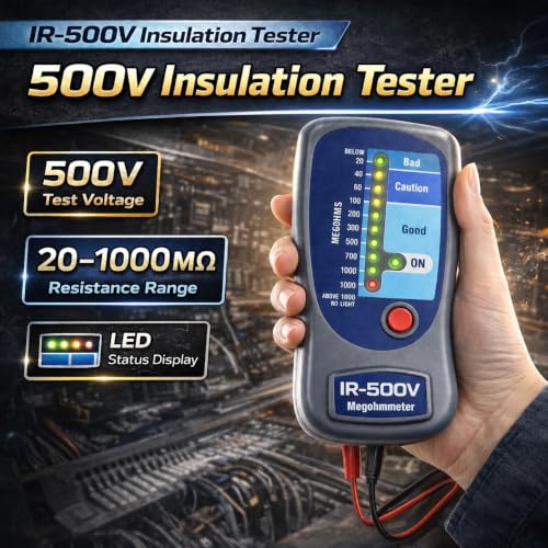 500V Insulation Tester Megohmmeter, 500V Digital Insulation Resistance Tester up to 1000MΩ, HVAC Compressor & Motor, Battery Operated, Includes Soft Carrying Cas