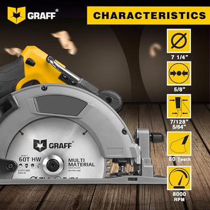 7-1/4" Circular Saw Blade - Chop Saw Blade for Metal, Wood Plywood Aluminum Drywall & Plastic 60T TCT Blade for Circular Table Miter & Cordless Saws 5/8 Inch Arbor No Heat No Sparks Burr Free GRAFF - size: Ø 7 ¼ Inch - 60T Multi, style: Multi Cutting Blad