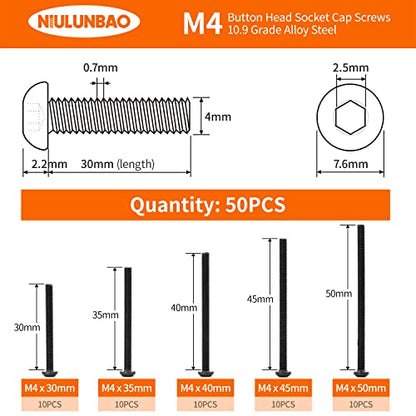 M4 x 30mm 35mm 40mm 45mm 50mm Button Head Socket Cap Screws Bolts, 10.9 Grade Alloy Steel Metric, Black Oxide Finish, Allen Hex Drive, Machine Fully Threaded, Assortment Kit 50PCS - size: M4 x 30/35/40/45/50mm (50PCS)
