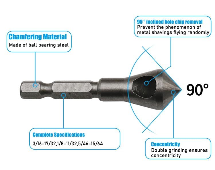 Chamfer Bit Set, 3-Piece 1/4" Hex Shank Countersink Deburring Tool, Chamfering & Deburring Drill Bit for Metal, Wood, Plastic & PVC Board, Professional Woodworking & Metalworking Tool