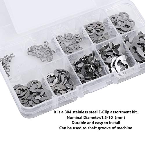 120Pcs E Clip Retaining Snap Opening Ring Circlip Kit, 10 Size 1.5/2/3/4/5/6/7/8/9/10mm with Plastic Box, 304 Stainless Steel E Clips Assortment Kit