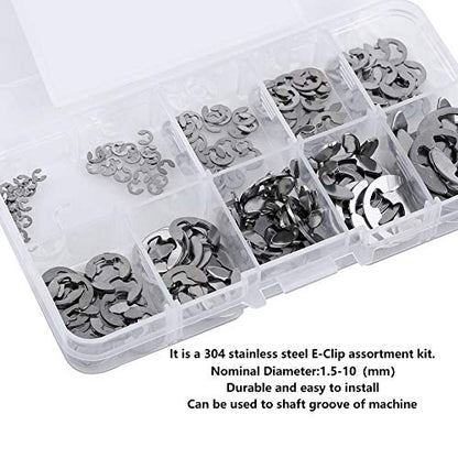 120Pcs E Clip Retaining Snap Opening Ring Circlip Kit, 10 Size 1.5/2/3/4/5/6/7/8/9/10mm with Plastic Box, 304 Stainless Steel E Clips Assortment Kit