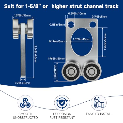 4Wheel Trolley Assembly Rollers.Bearing Trolley Assembly.The top of the Trolley has Room for Set Screws, Allowing the use of a 1-5/8" high Strut Channel - style: A-4Wheel Trolley 4pcs