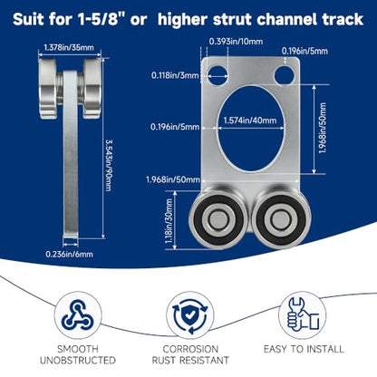 4 Wheel Trolley Assembly Rollers.Bearing Trolley Assembly.The top of the Trolley has Room for Set Screws, Allowing the use of a 1-5/8" high Strut Channel - style: A-4Wheel Trolley 2pcs