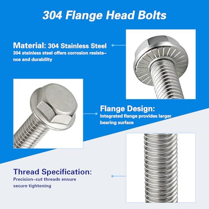 M8x1.25 x 20mm Flanged Hex Head Bolts, 304 Stainless Steel (A2-70), Bright Finish, Fully Threaded, Hexagon Head Flange Bolts, Quantity 15 - size: 20mm(15PCS)