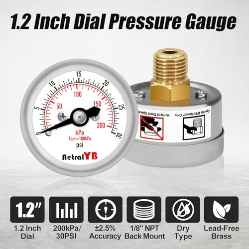 30Psi/200Kpa Mini Pressure Gauge,Stainless Steel Housing,Brass Internal,1.2 Inch Dial,NPT 1/8" Back Mount,Dry Type,Lead-Free Material, for Air,Water,Oil Pressure Test - size: 0-30PSI