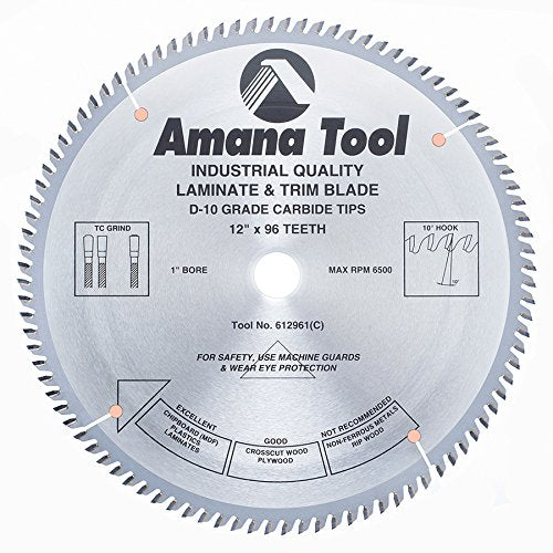Amana Tool - 612961 Carbide Tipped Fine Cut-Off & Crosscut 12" Dia x 96T TCG, 10 Deg - size: 12" Dia x 96T Tcg, 10 Deg