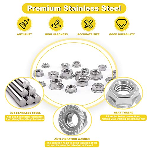 100pcs 6 Sizes SAE 304 Stainless Steel Serrated Hex Flange Nuts Assortment Kit 1/4-20 5/16-18 3/8-16 10-24 8-32 6-32