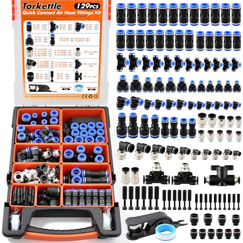 130 PCS 1/4",3/8",1/2" OD Blue Air Hose Fitting Kit, Full NPT Thread PBT Push to Connect Fittings with Reducer Adapters, 145 PSI Leak-Free Heavy-Duty for PU Air Hoses, Air Compressor & Trailer Repair - color: Blue