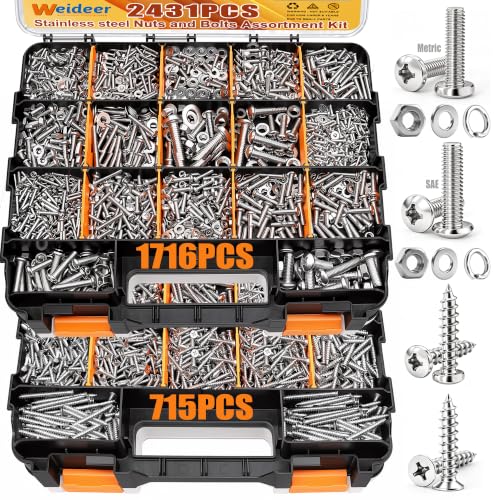 weideer 2431PCS Stainless Steel Nuts and Bolts Assortment,Metric&SAE Screws - color: Silver, size: 2002 pcs (Metric & SAE)