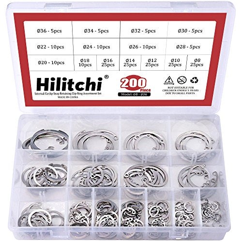 Hilitchi 200-Pcs [15-Size] Internal Circlip Snap Retaining Clip Ring Assortment Set - 304 Stainless Steel