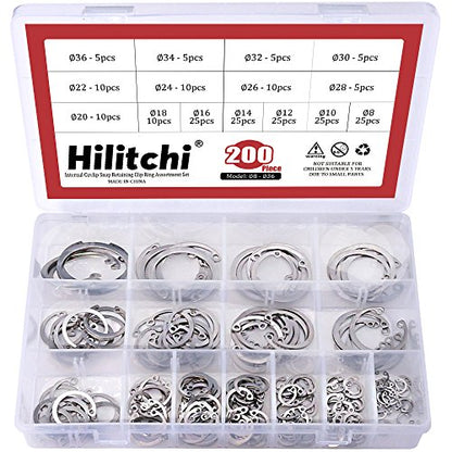 Hilitchi 200-Pcs [15-Size] Internal Circlip Snap Retaining Clip Ring Assortment Set - 304 Stainless Steel