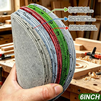 30PCS 6 Inch No‑Hole Wet Dry Sanding Discs, Hook and Loop 1000‑5000 Mixed Grit Silicon Carbide Sandpaper for DA/Orbital Sander, Fine Polishing for Automotive, Metal, Resin - size: 6Inch-30PCS