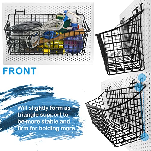 G.CORE 2 Pack Pegboard Baskets, Black Metal Shelves Hooks to 1/8" and 1/4" Hole Peg Boards, Peg Board Baskets Bins Set - Tools Workbench Garage Storage Wall Mount Organizer Attachments (2 Large) - size: Large, style: 2 Large