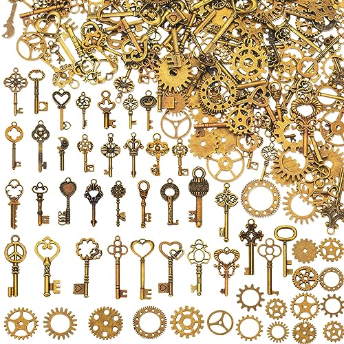 Hicarer 300 Gram Gears Charms, Nautical Anchor Rudder Helm Compass Charms Pendant, Bulk Mixed Antique Bronze Gears Steampunk, Clock Watch Cog Wheel for DIY Necklace Bracelet Jewelry Making Accessories - style: Key Style