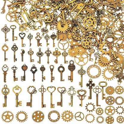 Hicarer 300 Gram Gears Charms, Nautical Anchor Rudder Helm Compass Charms Pendant, Bulk Mixed Antique Bronze Gears Steampunk, Clock Watch Cog Wheel for DIY Necklace Bracelet Jewelry Making Accessories - style: Key Style