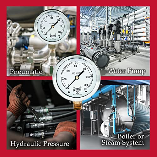 Winters 2-1/2" Dial Size, Liquid Filled Industrial Pressure Gauge, Brass Internals, 304 Stainless Steel Case, Single Scale 0-300 psi, 1.5% Acc, 1/4" NPT Bottom Mount, Glycerin Filled Pressure Gauge - style: 0/300 PSI