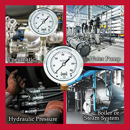 Winters 2-1/2" Dial Size, Liquid Filled Industrial Pressure Gauge, Brass Internals, 304 Stainless Steel Case, Single Scale 0-300 psi, 1.5% Acc, 1/4" NPT Bottom Mount, Glycerin Filled Pressure Gauge - style: 0/300 PSI