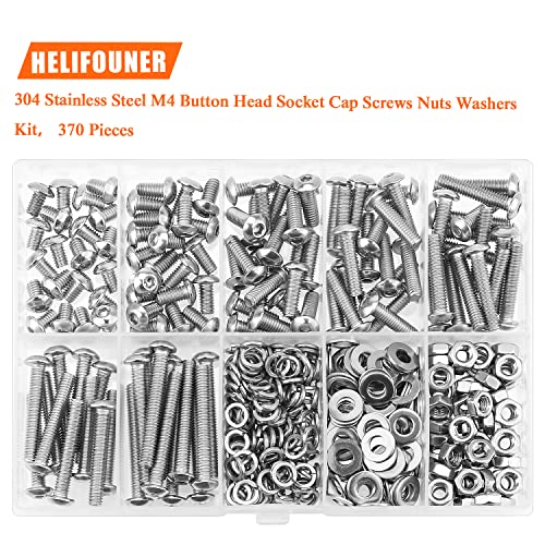HELIFOUNER 370 Pieces M4 x 6mm /8mm /12mm /16mm /20mm /25mm /30mm, Button Head Socket Cap Screws Bolts Washers Nuts Kit, 304 Stainless Steel - size: M4, style: Button Head Screws