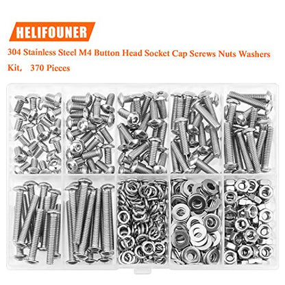 HELIFOUNER 370 Pieces M4 x 6mm /8mm /12mm /16mm /20mm /25mm /30mm, Button Head Socket Cap Screws Bolts Washers Nuts Kit, 304 Stainless Steel - size: M4, style: Button Head Screws