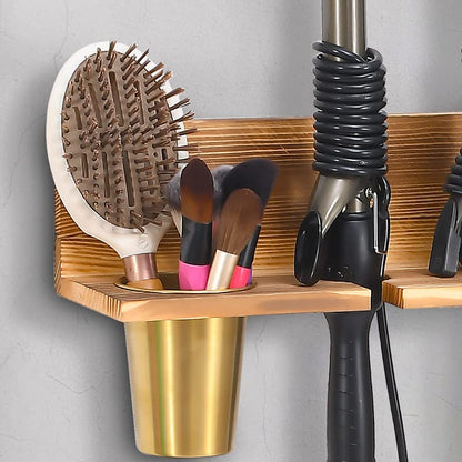 UPTRUST Wall Mount Hair Tool Organizer, Set of 2 Layer Rustic Wooden Dryer Holder Rack, Product Organizer Tray for Dryer with 4 Hooks