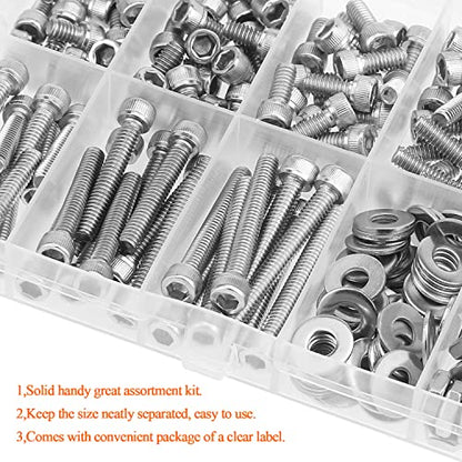 HELIFOUNER 200 Pieces #8-32 x 1/4" 5/16" 3/8" 1/2" 5/8" 3/4" 1" 1-1/4", Hex Socket Head Cap Screws Bolts Washers Nuts Kit, Coarse Thread, Fully Machine Threaded, 304 Stainless Steel - size: #8-32, style: Socket Head