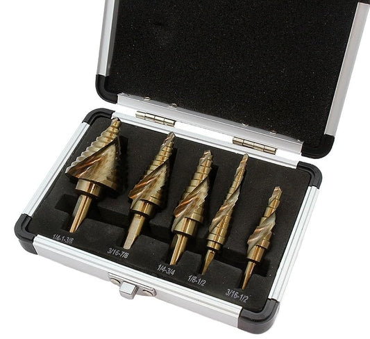 XtremepowerUS Industrial 5pc Cobalt Uni Step Bits 1/4", 3/8" Shank Spiral Flute Drill Bit Set Split Point SAE w/Case - size: 5 Pieces Cobalt Set