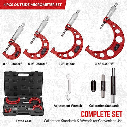 Premium Outside Micrometer Set 0-4" / 0.0001", Red - color: Red