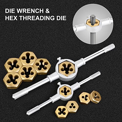 Die and Tap Set in SAE and Metric, Hex Threading Dies for External Threads, Thread Tap for Internal Threads, Thread Wrench, Thread Pitch Gauge, 86 Pieces Gauge Kit for DIY Tapered