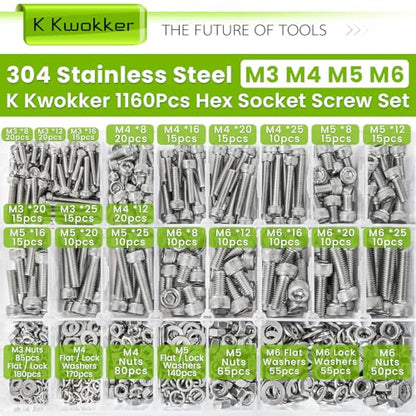 M3 M4 M5 M6 Hex Socket Bolt & Nut Assortment Kit, 1160Pcs - size: D. M3 M4 M5 M6