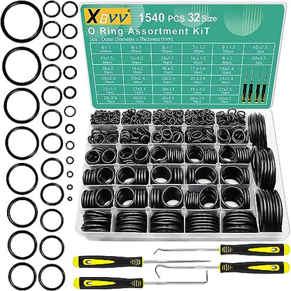 XBVV 1540 Pcs 32 Size O-Rings Kit Nitrile Rubber O Ring Assortment with 4 Hook Set for Various Car Auto Vehicle Repair Plumbing Air or Gas Sealing Connections Resist Oil and Heat