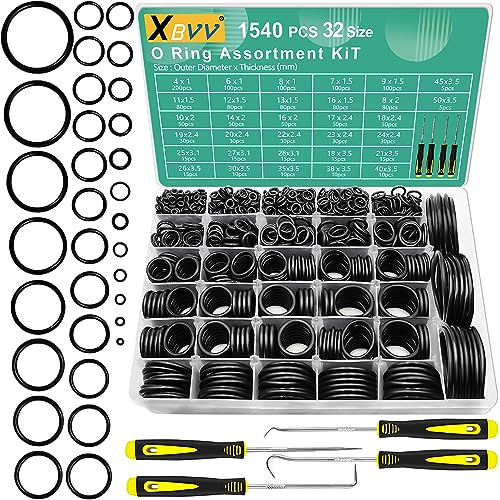 XBVV 1540 Pcs 32 Size O-Rings Kit Nitrile Rubber O Ring Assortment with 4 Hook Set for Various Car Auto Vehicle Repair Plumbing Air or Gas Sealing Connections Resist Oil and Heat