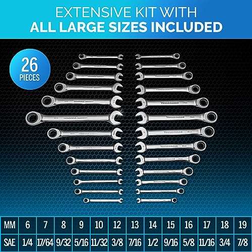 Ratcheting Wrench - Slim Profile - Ratchet Wrench, 26 Pieces Metric & Standard Wrench Set with Rack Organiser - size: 26 PIECE WITH RACK METRIC AND INCH