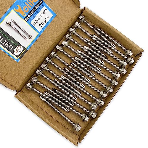 #12x2-1/2 Hex Washer Head Self Drilling Screws, 410 Stainless Steel, Self Tapping Sheet Metal Tek Screws, 25 PCS - size: 25 Pcs #12x2-1/2