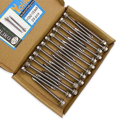 #12x2-1/2 Hex Washer Head Self Drilling Screws, 410 Stainless Steel, Self Tapping Sheet Metal Tek Screws, 25 PCS - size: 25 Pcs #12x2-1/2