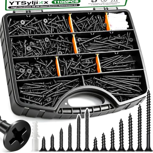1100PCS Drywall Screws Assortment Kit,13 Sizes #6#8 Black Wood Screws,2-3/4",2",1-1/2",1-1/4",1",3/4",5/8" Phillips Drive Assorted Screws, for Wood & Plasterboard - color: BLACK-1100PCS